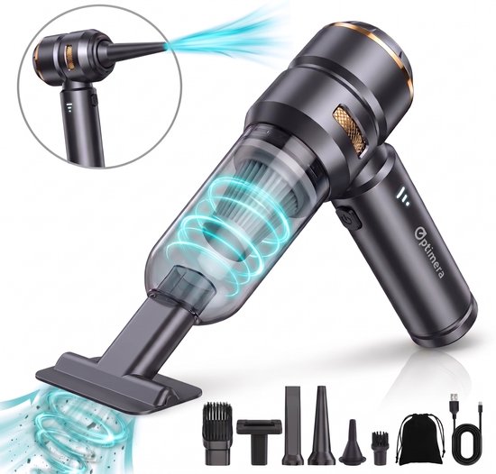 OPTIMERA® 2-in-1 Auto Stofzuiger PRO - Zuigen & Blazen - Kruimeldief - 7 Opzetstukken - Oplaadbaar - Handstofzuiger - Air Duster - Zwart