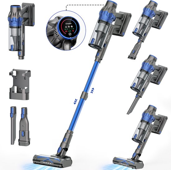 Chesto T1 Steelstofzuiger Draadloos 400W - 60 Min Accuduur - Slechts 2 kg - 2-in-1 Kruimeldief - Geschikt voor Dierenharen - 35 kPa Zuigkracht - Automatische Stofsensor - HEPA 13 - LED-zuigmond - Incl. Wandhouder & 3 Opzetstukken