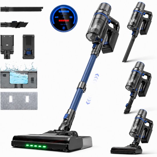 Olvy Steelstofzuiger Draadloos 350W - Met Dweilfunctie - 35000Pa - 5 Zuigniveaus - Vacuum Cleaner - Draadloze Snoerloze Stofzuiger - Zonder Zak - Op Accu - Kruimeldief