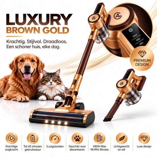 AG4200 Steelstofzuiger Draadloos – Stofzuiger Zonder Zak - 35.000 Pa – Krachtige Draadloze Stofzuiger – Kruimeldief – Dierenharen – LED Zuigmond – Lichtgewicht – Luxury Brown Gold