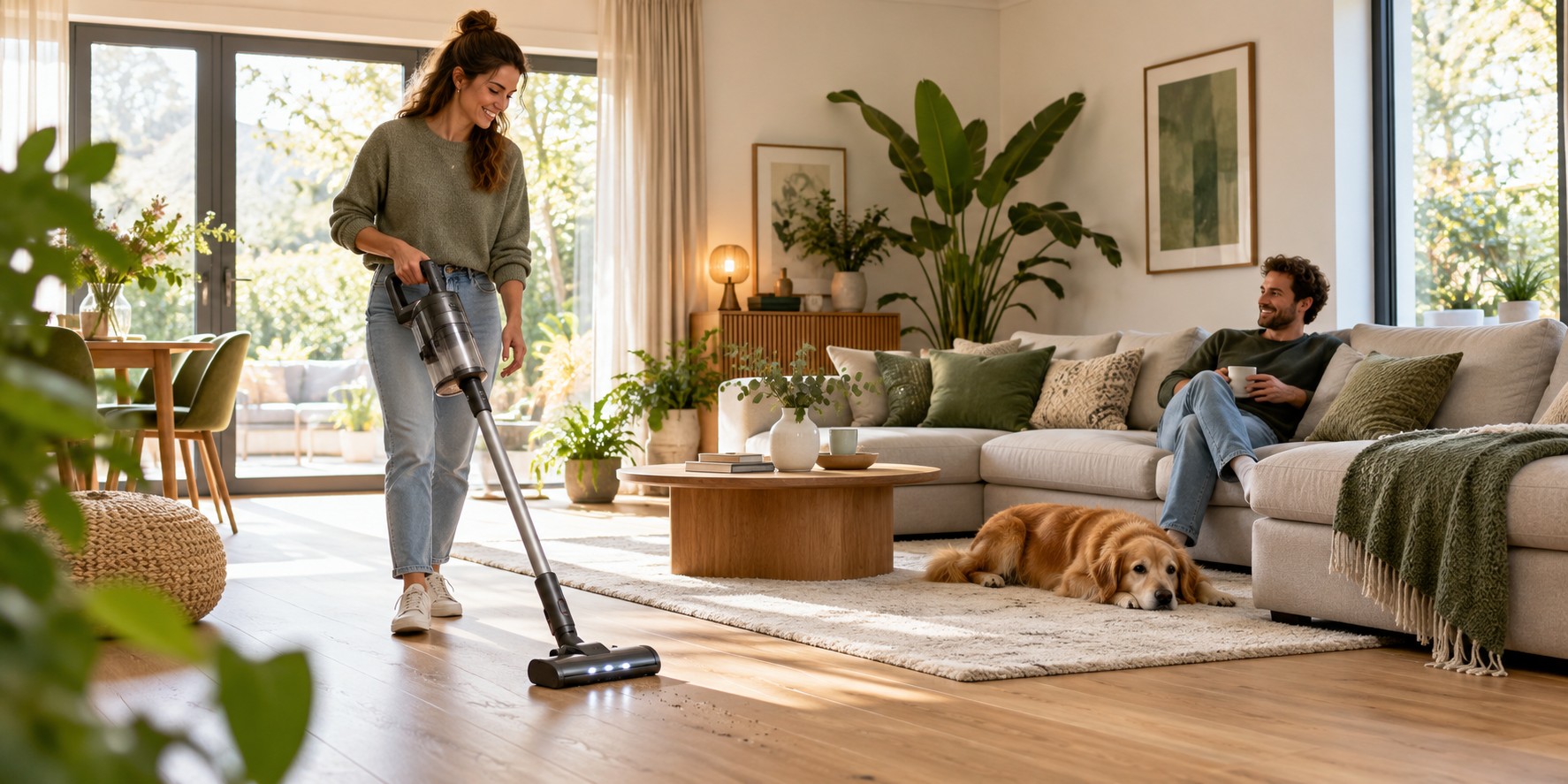 Een stofzuiger gebruiken in een lichte woonkamer
